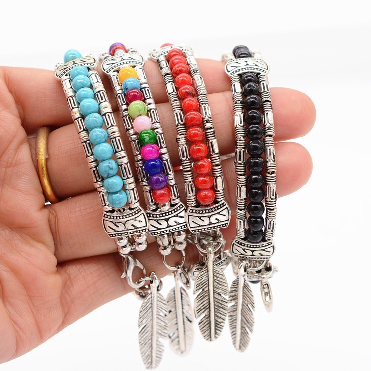 MURAH ACC  CUTIE Fashion Women Ladies Feather Charm Gypsy Turquoise Bead Chain Bracelet Bangle