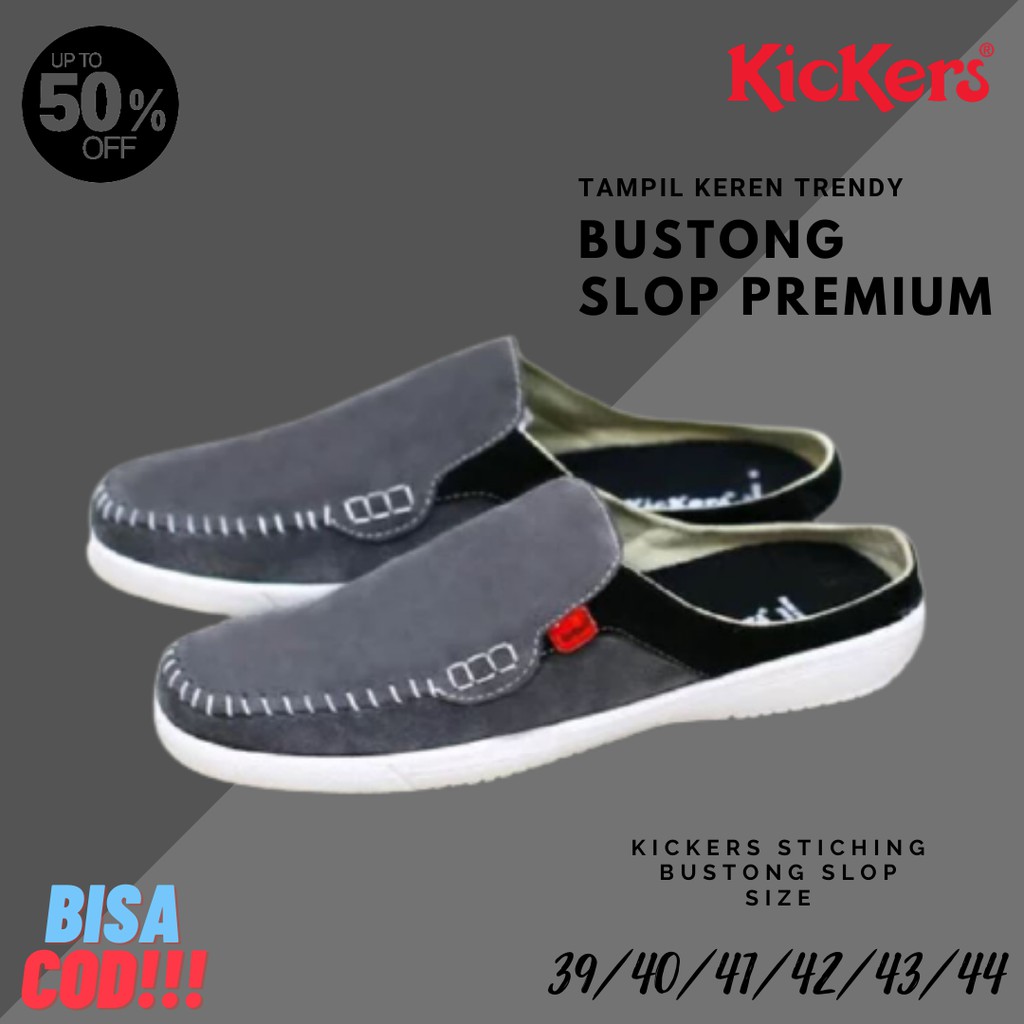 Sandal Selop Bustong Slop Pria Kickers Stiching Suede Abu Sepatu Fashion Laki