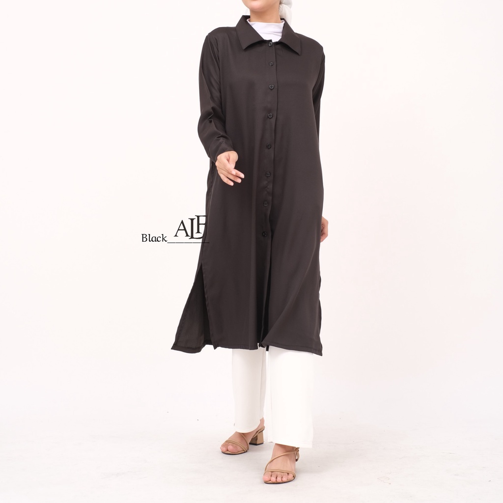 Messi Long Tunik Black by Alfaina / Basic Tunic Kemeja Hitam Wanita