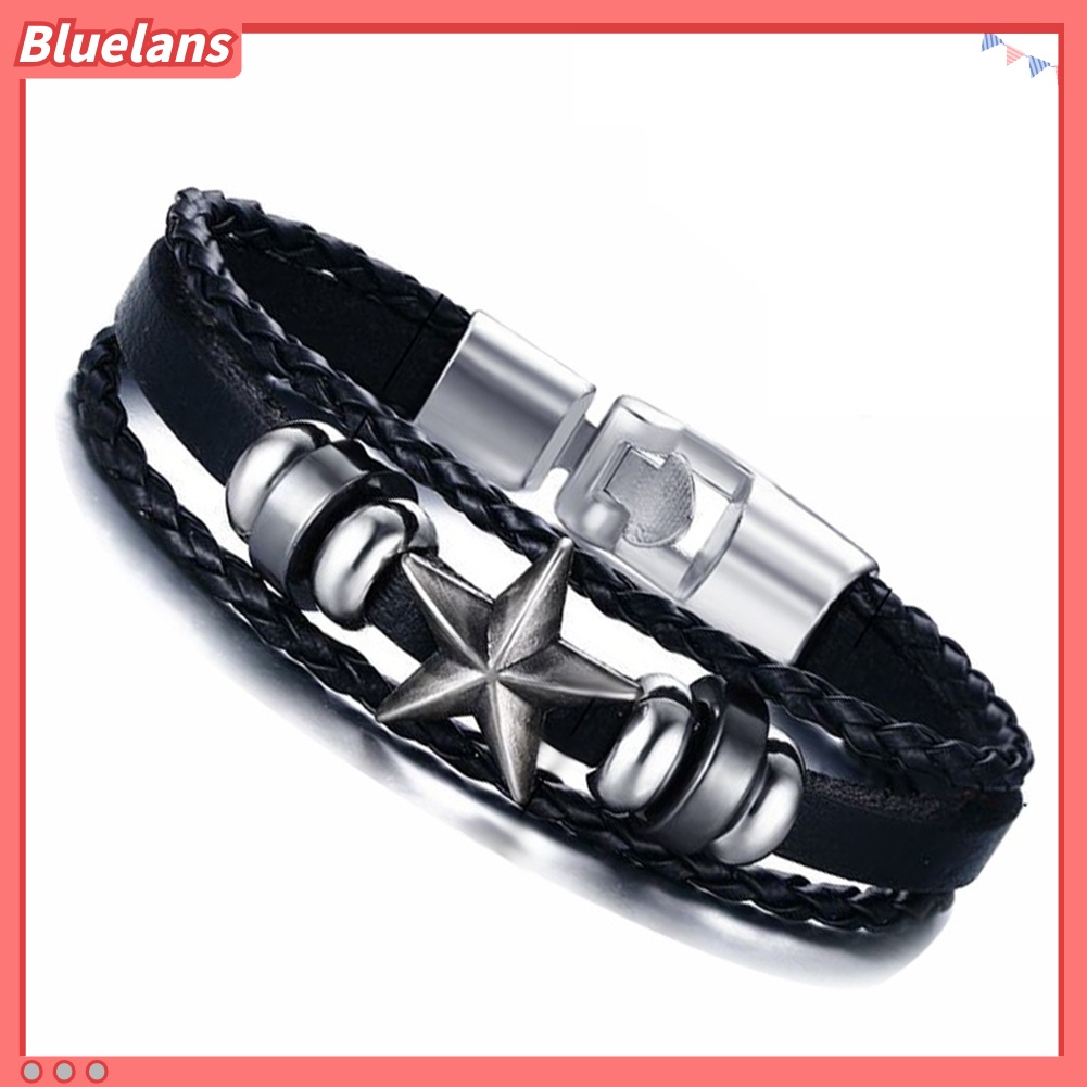 Bluelans Men Punk Star Alloy Charm Multilayer Braided Faux Leather Bracelet Jewelry