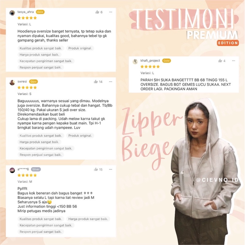 HOODIE ZIPPER PREMIUM BEIGE POLOS SIZE S - XL (INTERNASIONAL)