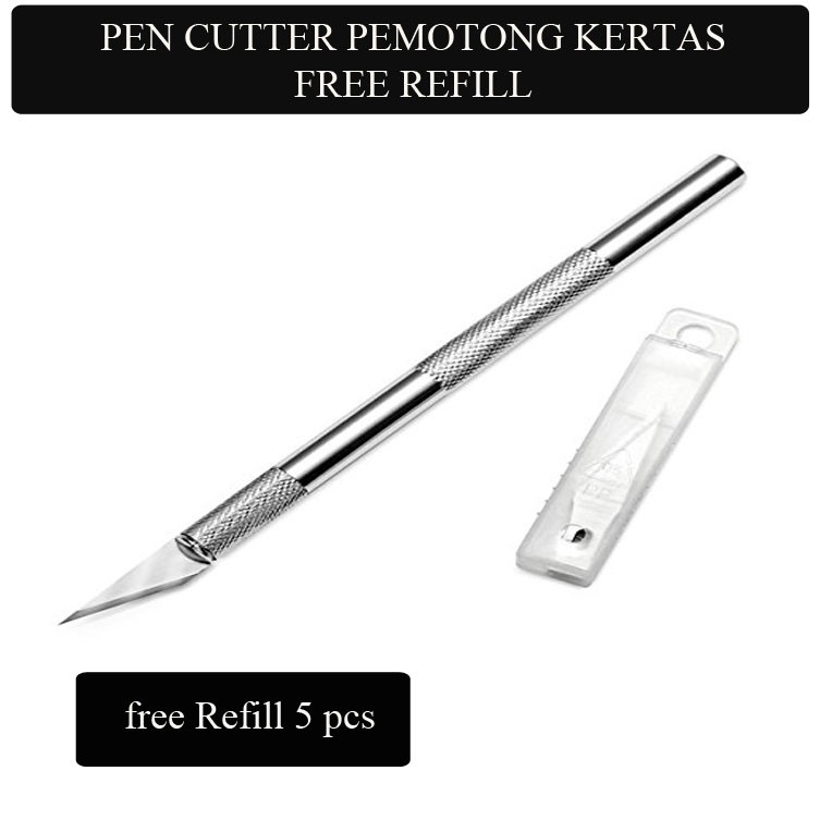 Pen Cutter - Pen Type Cutter - Alat Potong Bahan Kain Kertas Sticker - Free Refill 5 pcs