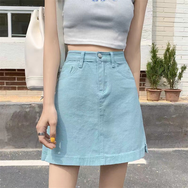 Rok Wanita Split Skirt Denim Rok Korean Syle Rok Pelangsing Rok Pinggang Tinggi Gaun A-Line Rok Fashion