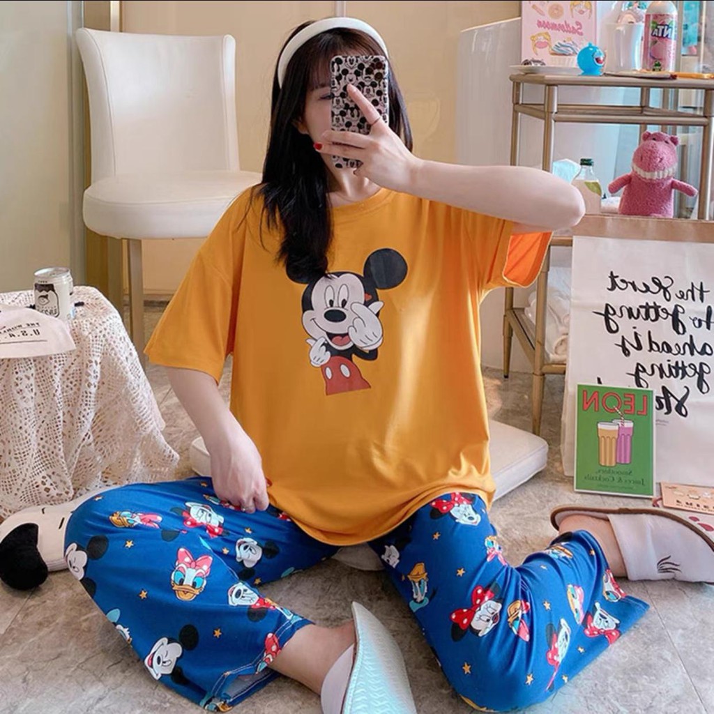 Baju Tidur Piyama Set/Piyama Wanita Import/Baju Piyama Motif Kartun/Woman Sleep Wear-P2-Oren Miky