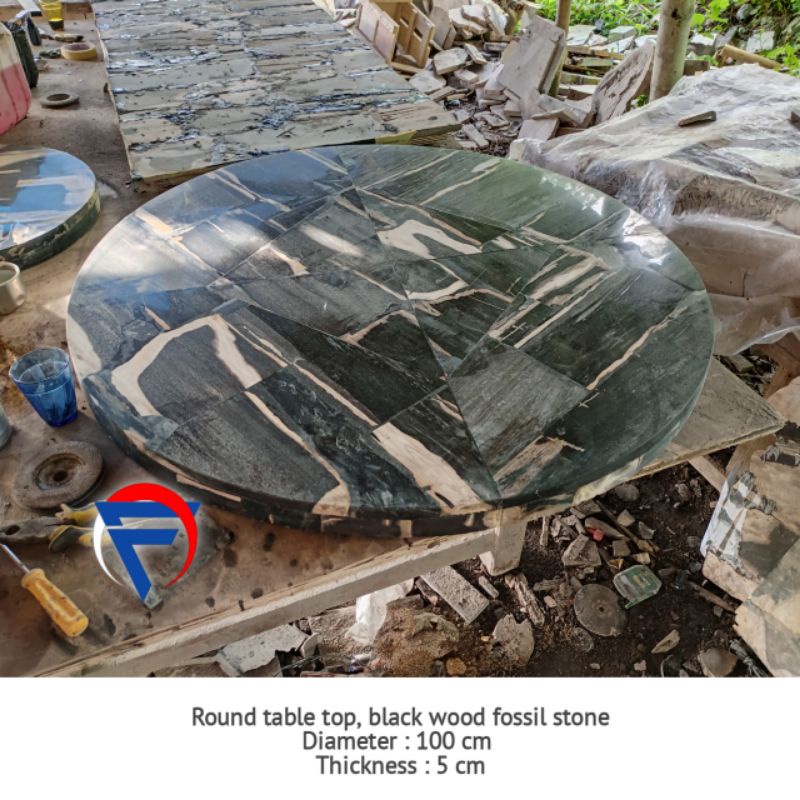 Daun meja bulat full batu fosil kayu hitam tempelan D.100 Tebal 5 cm free ongkir