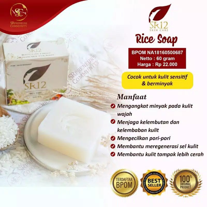 SR12 RICE SOAP / HALAL / BPOM / HERBAL AMAN / PRODUK MUSLIM / SKINCARE INDONESIA