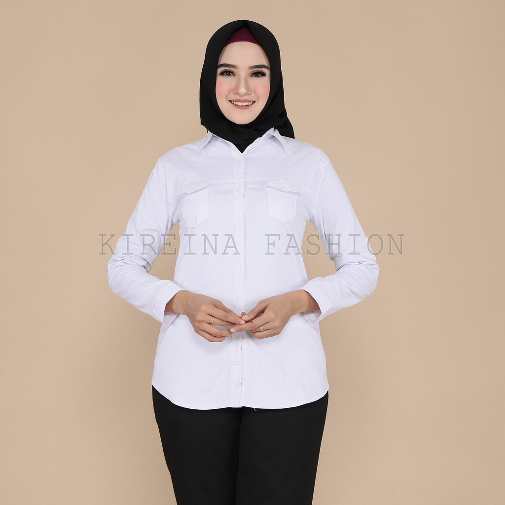 Kemeja Kerja Wanita Kemeja Kantoran Kantong Dua Bahan Stretch | Kireina Fashion