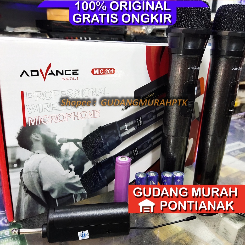 Mic Advance 201 Wireless Microphone tanpa tali kabel 2 mic baterai charge mikropon microphone