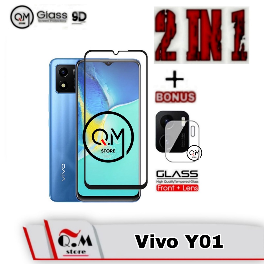 Paket 2 in1 Tempered Glass Layar Vivo Y01 Anti Gores  Screen Guard Free Lensa Camera