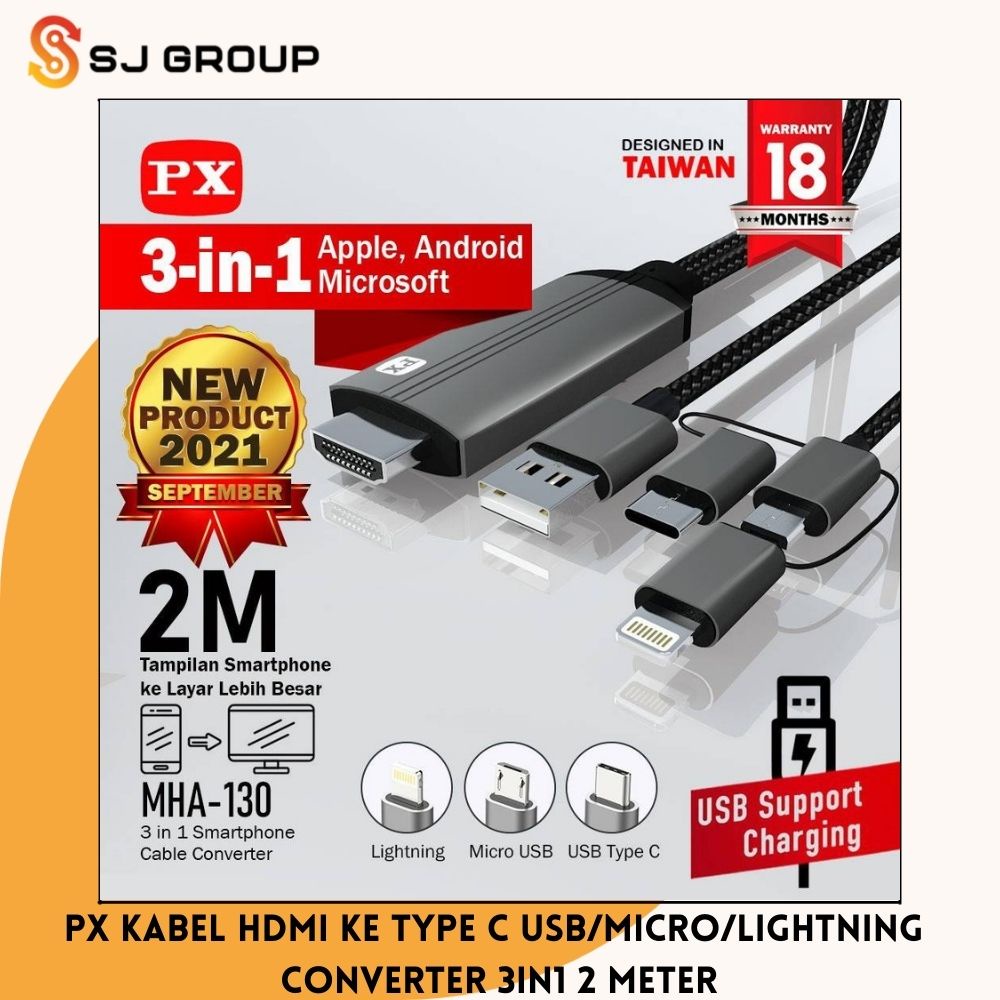 PX Kabel HDMI ke Type C USB/Micro/Lightning Converter 3 in 1 2 Meter