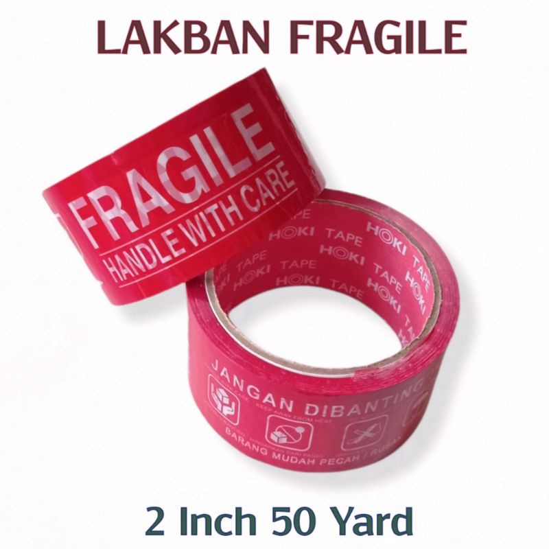 Lakban Fragile MERAH 2 Inch 50 Yard - Isolasi Besar Solasi Anti Pecah Belah Stiker Jangan Dibanting Hoki Tape