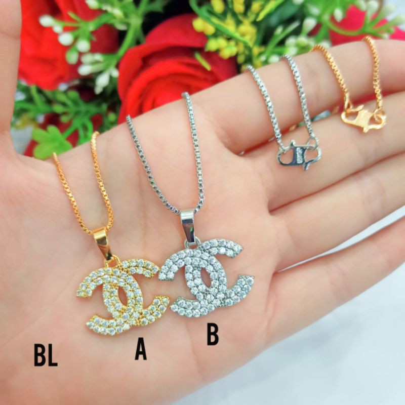 Fourfashion Kalung+Liontin Motif chenel Full Permata Kekinian PD134