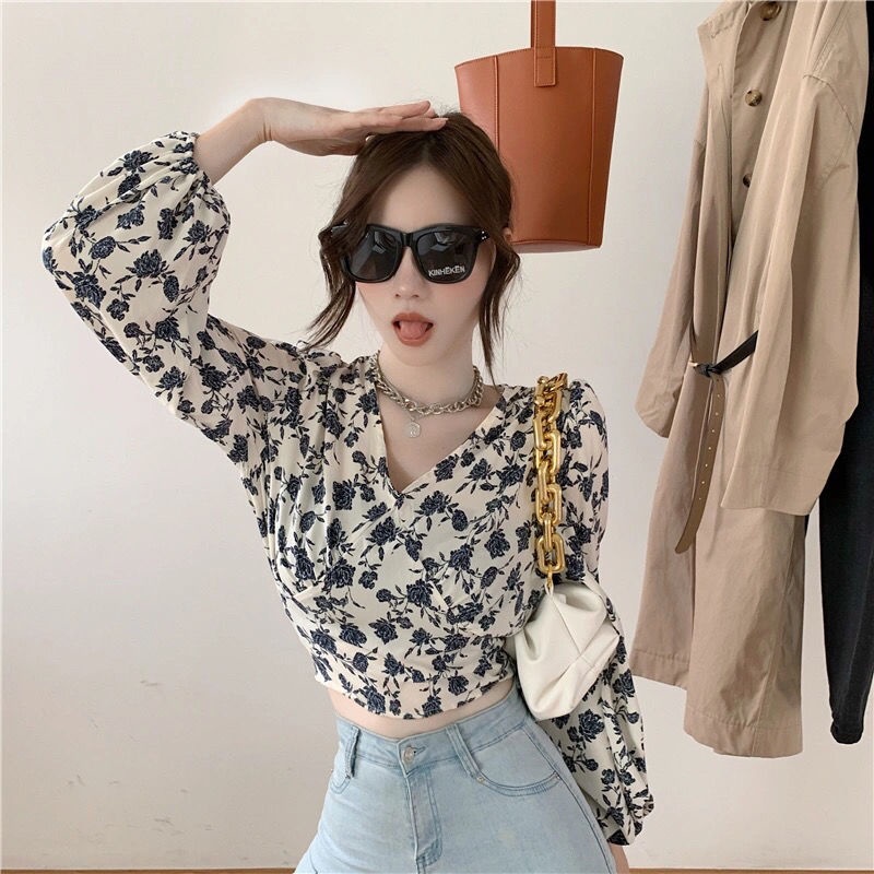 Hong Kong style retro V-neck shirt lace-up waist-controlled long sleeve floral shirt for women