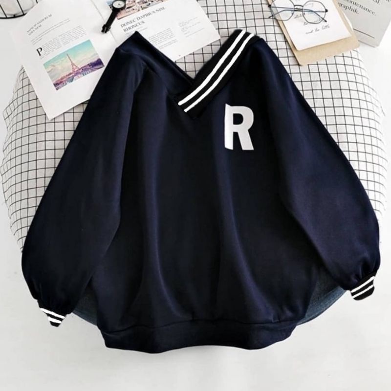 Sweater Wanita R VNECK SPORTY Oversize | Crewneck Sweater Wanita | Korean Style | Bahan Fleece Tebal Kekinian