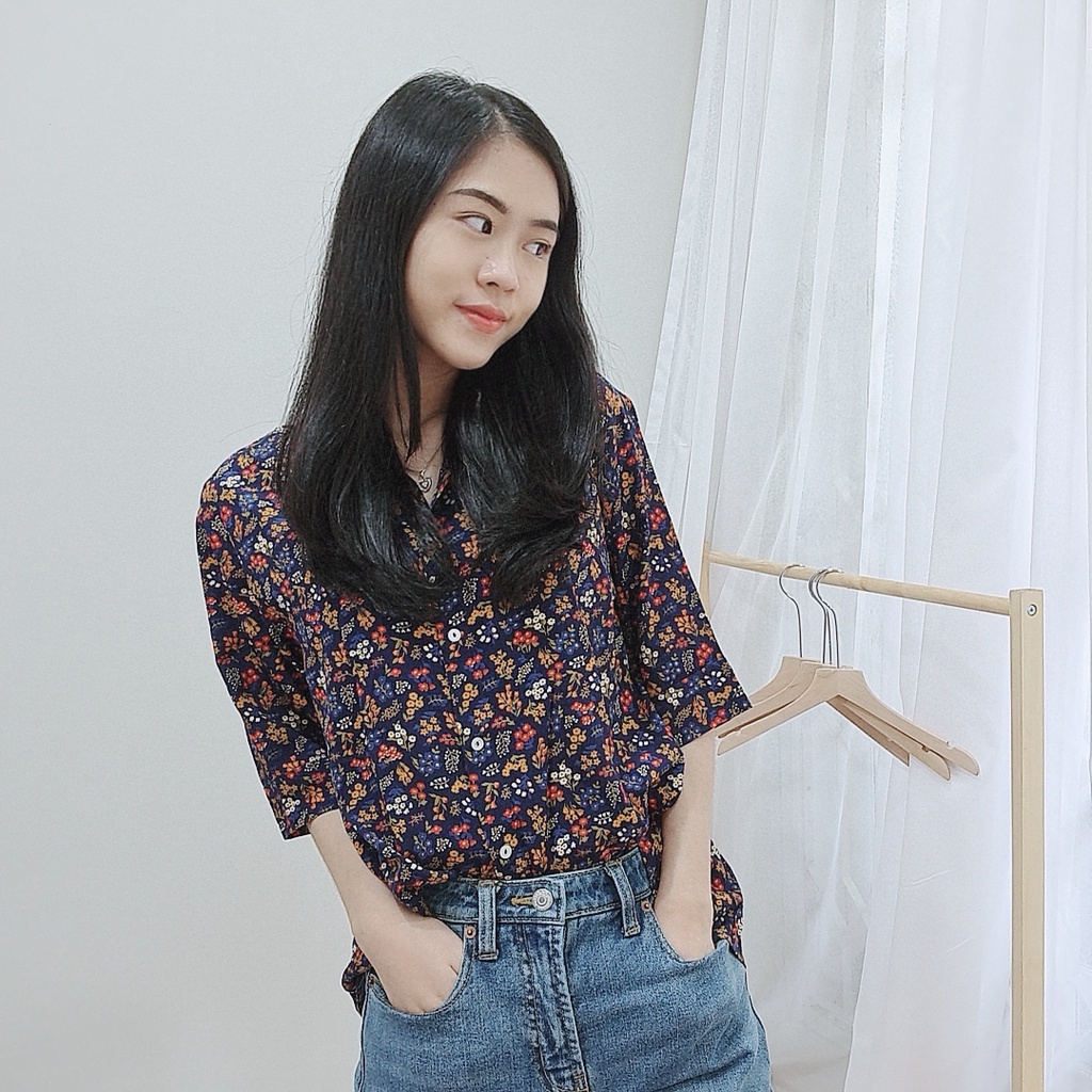 2254  - UNPEU Patterned Oversize Blouse | Blouse Wanita-NAVY FLOW(COTTON CRE