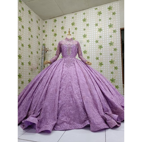 Gaun pengantin premium full payet warna lilac