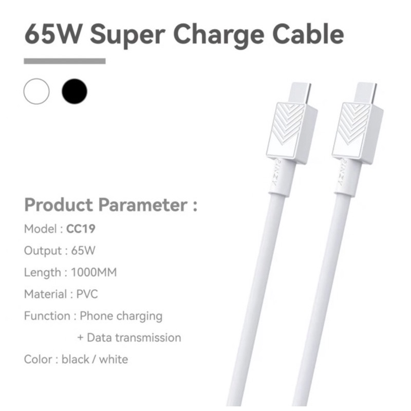 Kabel Charger - Kabel Data Fast Charging PINZY CC19 Type C to C PD 65W -