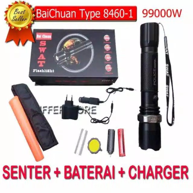 Senter SWAT Police LED T6 / 99000w - Senter Emergency SWAT mini (senter kompas) - Batrai Cadangan