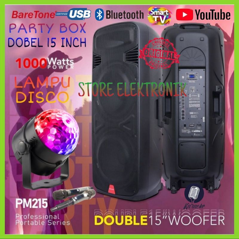 Baretone Aktif 2 Mic Wireless Party Box 15 Inch PM 215 + Lampu Disco