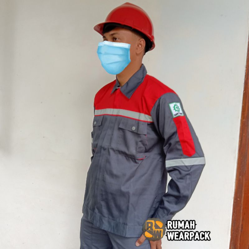 Baju Kerja/ Wearpack Proyek/ Seragam Kerja Atasan Warna Abu Tua Merah