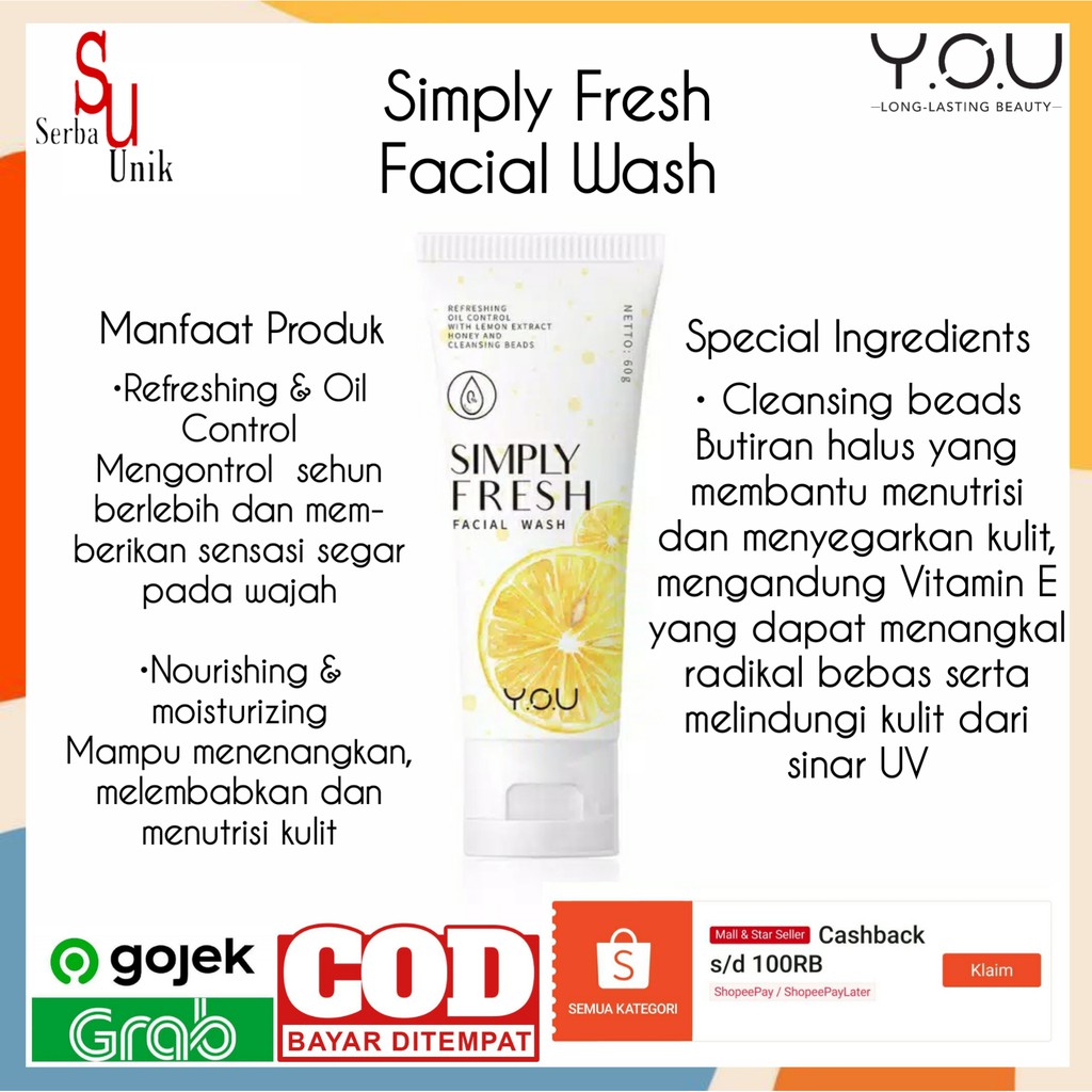 You Basic Skin Care Simply Fresh and Bright Facial Wash 60g &amp; Hy Amino Facial Wash Anti Acne | Oil Control | Brightening | Hydrating 100g