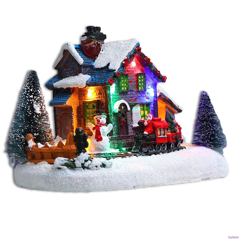 Ornamen Rumah Desa Salju Bahan Resin Dengan Lampu Led Luminous Untuk Dekorasi Pohon Natal