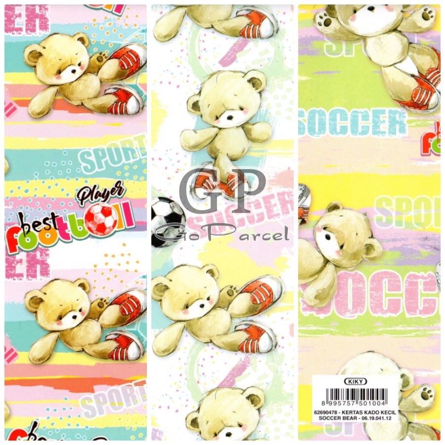 ( 5 Lembar ) KERTAS KADO SOCCER BEAR KIKY - GIFT WRAPPING PAPER BERUANG FUTSALL / FOOTBALL CUTE TEDDY BEAR CLASSIC