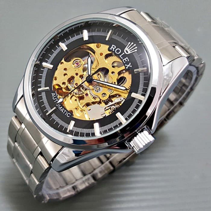 JAM TANGAN ROLEX RANTAI AUTOMATIC SKELETON BESAR SILVER (GOLD)