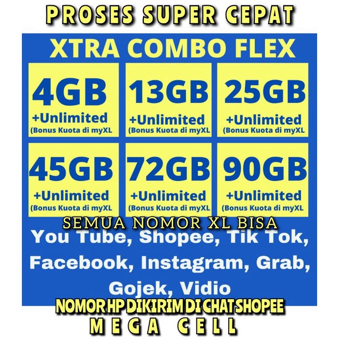 ISI ULANG KUOTA XL COMBO FLEX UNLIMITED TURBO HINGGA 90GB 72GB 45GB 25GB 13GB 4GB