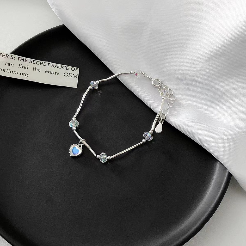 Gelang Tangan Alloy Silver Desain Hati Hias Moonstone Untuk Wanita