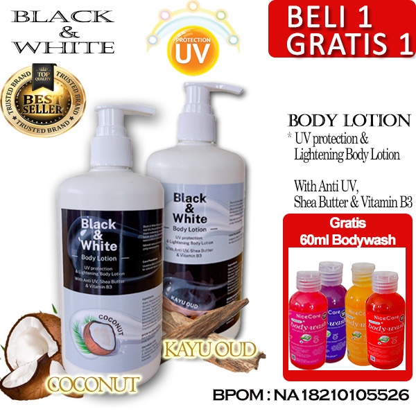 Body Lotion UV Protection & Lightening Body Lotion Black & White 500ml ( Coconut & Kayu Oud ) BPOM