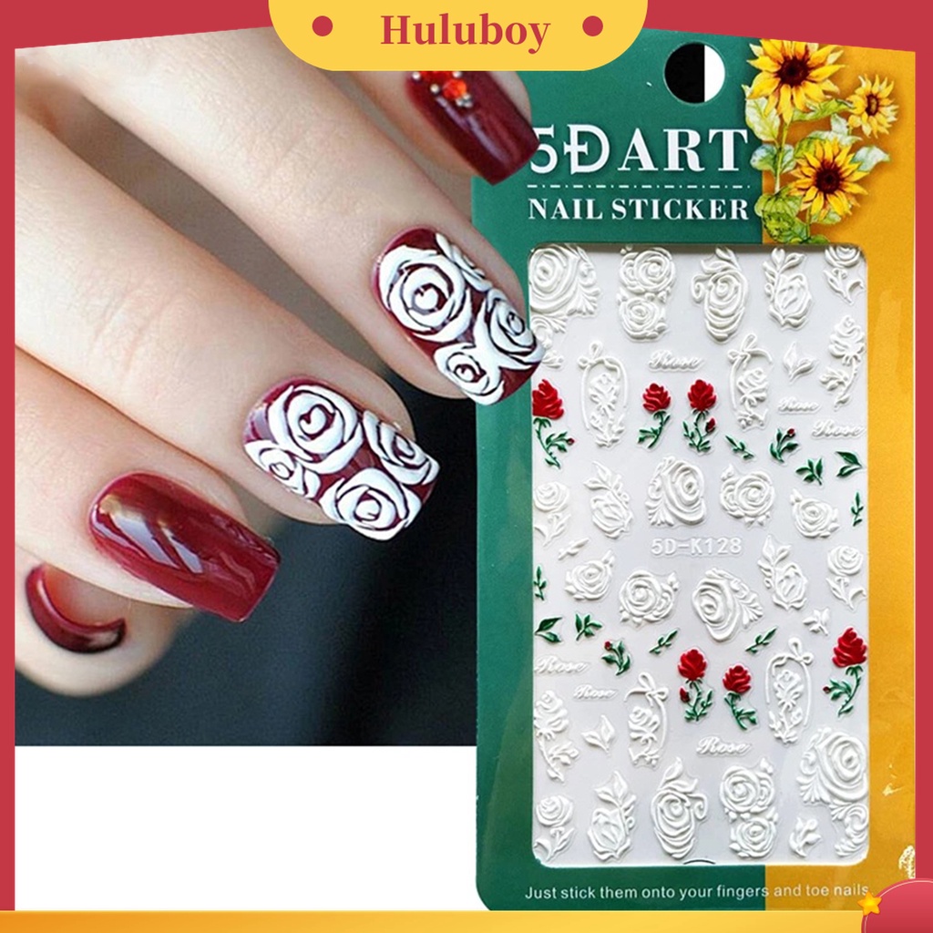 Huluboy Huluboy♡ Stiker Kuku Desain Bunga Timbul 5D Warna Putih Untuk Manicure