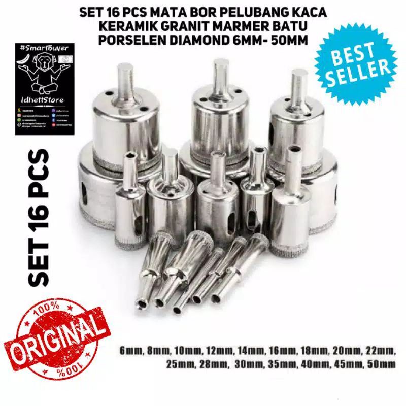 mata bor hole saw diamond set 16pcs hole saw mata bor kaca keramik 6-50mm 16pcs