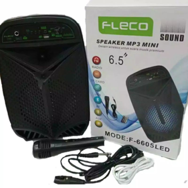 Speaker Bluetooth Karaoke Fleco F-6605LED 6,5 inchi Gratis Microphone Dan Remot Super Bass