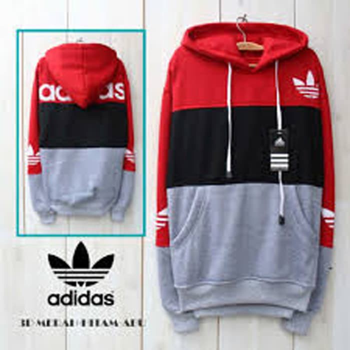 jaket sweater hoodie adidas kombinasi merah hitam abu misty tebaru