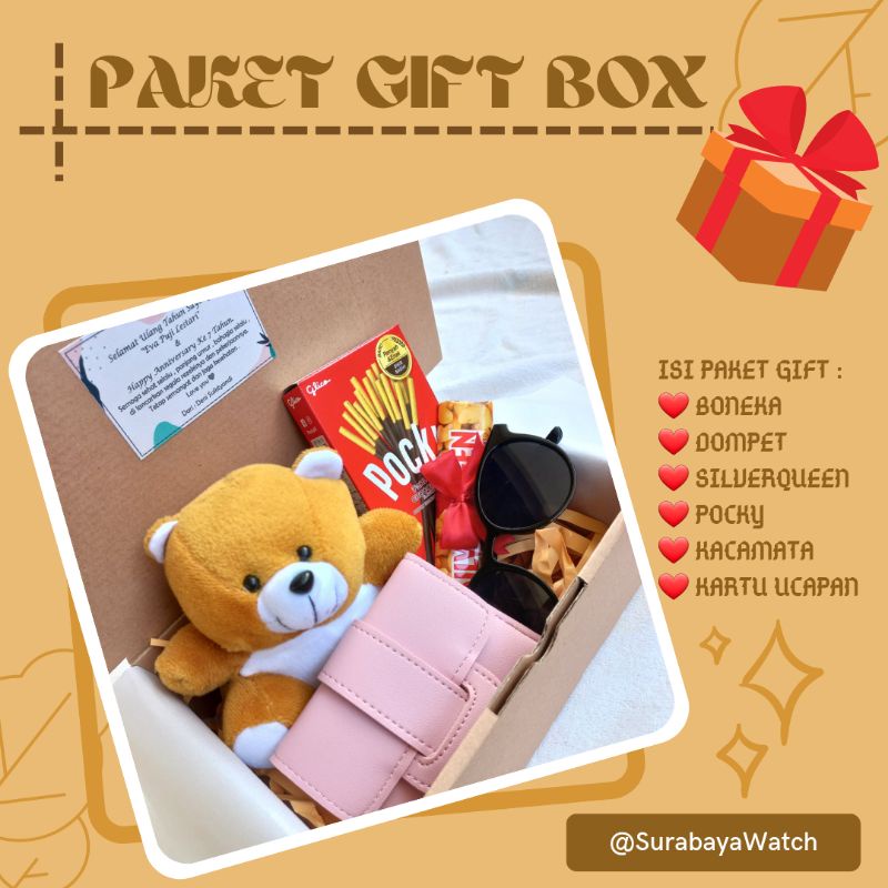 Hampers Gift Box Ulang Tahun Boneka Paket Kado Wisuda Pacar Hadiah Anniversary Wedding Nikah Dompet Kulit Coklat Silverqueen Pocky Kacamata Hitam