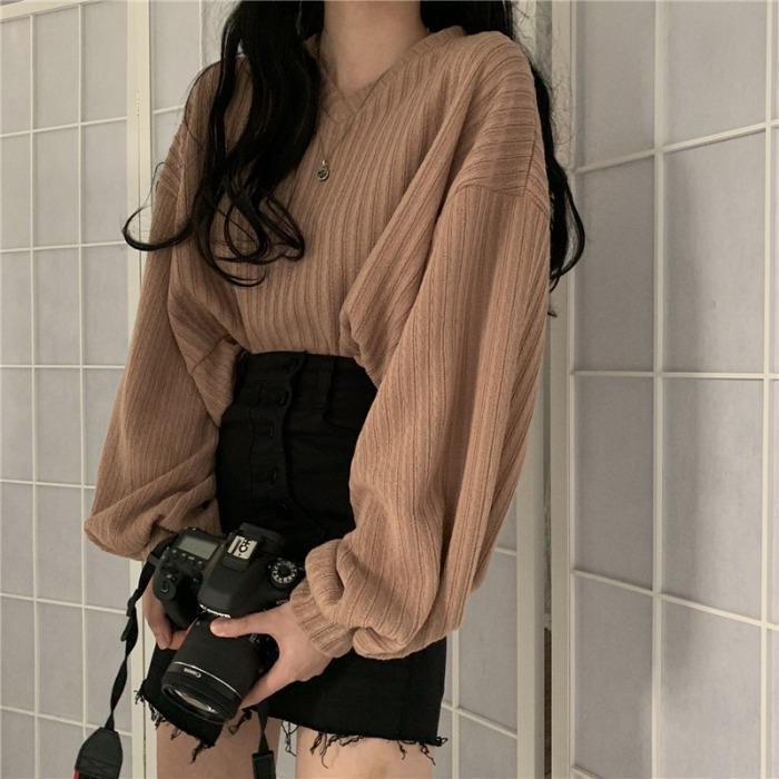 enamorShifon blus pakaian luar wanita yang longgar, sweater tipis lengan panjang hitam pendek
