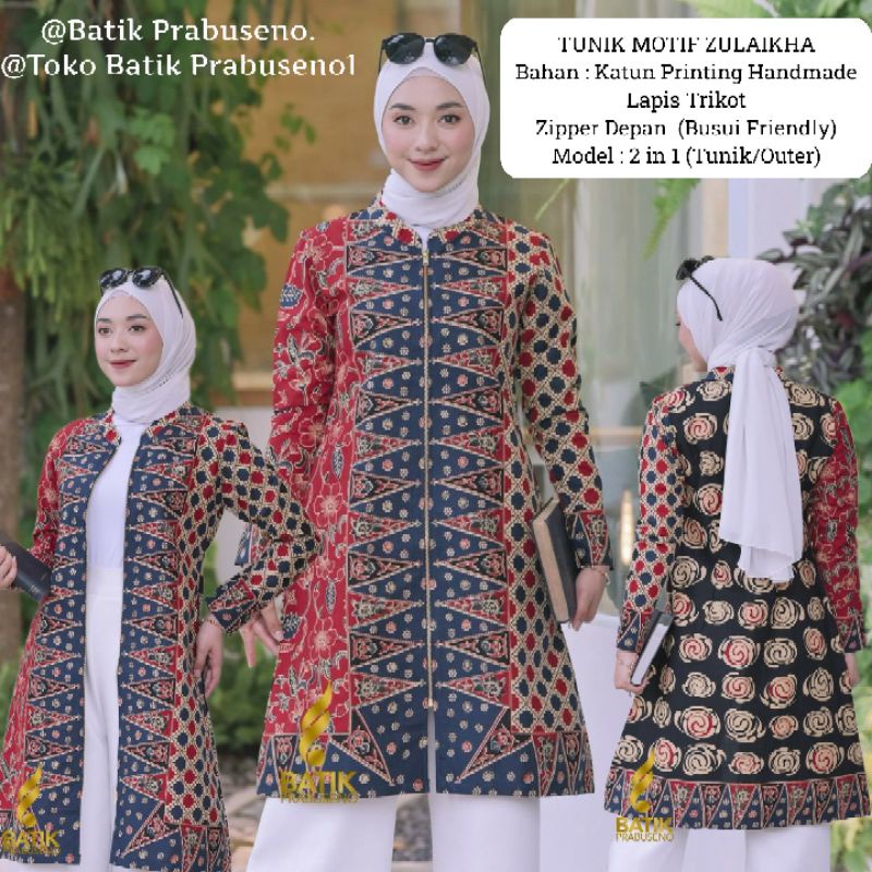 Zulaikha Tunik Batik Wanita Prabuseno Ori Katun Printing Busui Lapis Trikot Seragam Kantor Guru Mode
