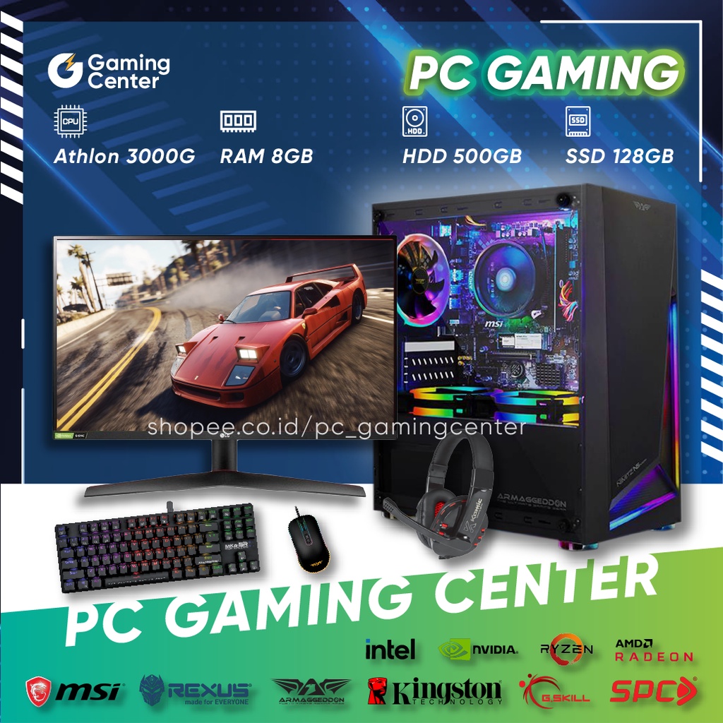 pc gaming editing amd athlon 3000g fullset murah ram 8gb igpu radeon vega 3 ssd 128gb hdd 500gb pc r