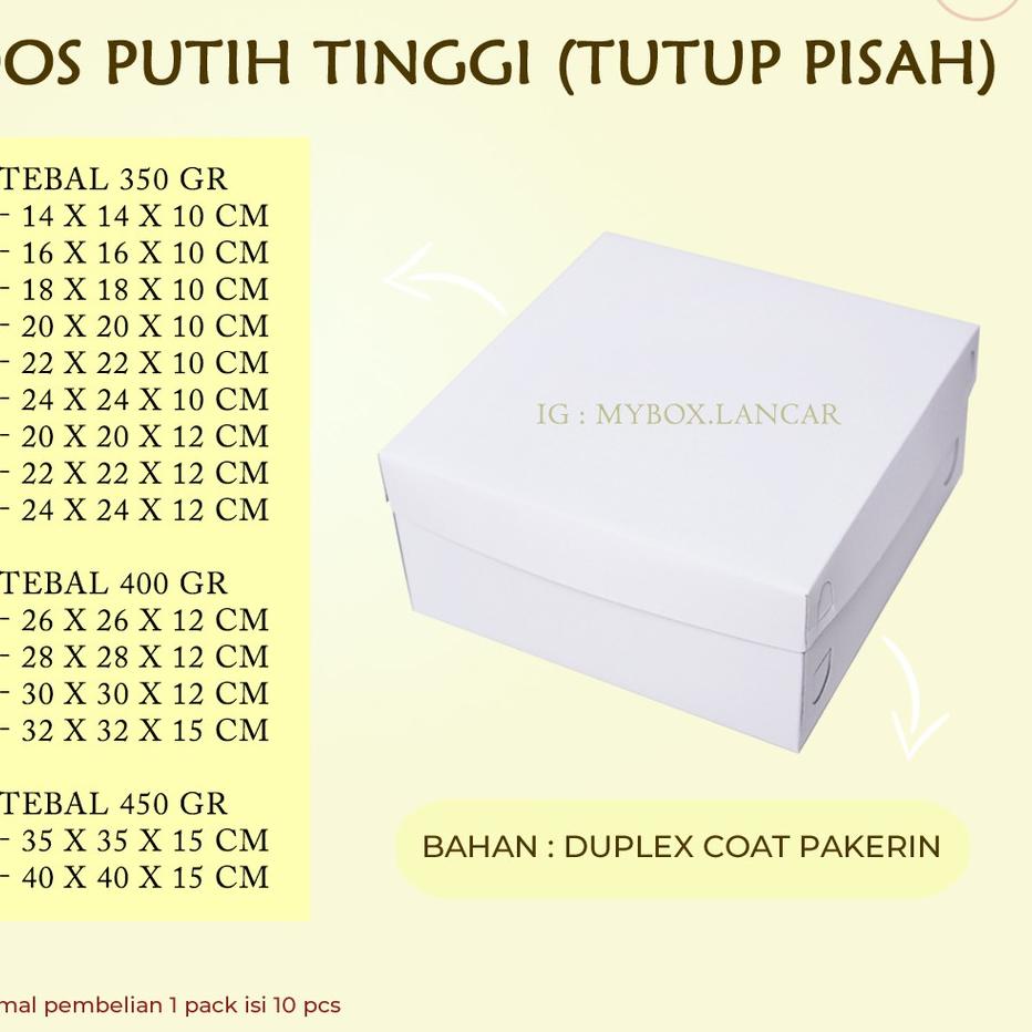 

☁ (10 LEMBAR) BOX TART PUTIH 24 X 24 X 10 CM, DUS TART PUTIH TUTUP PISAH , KEMASAN TAR KUE ☋