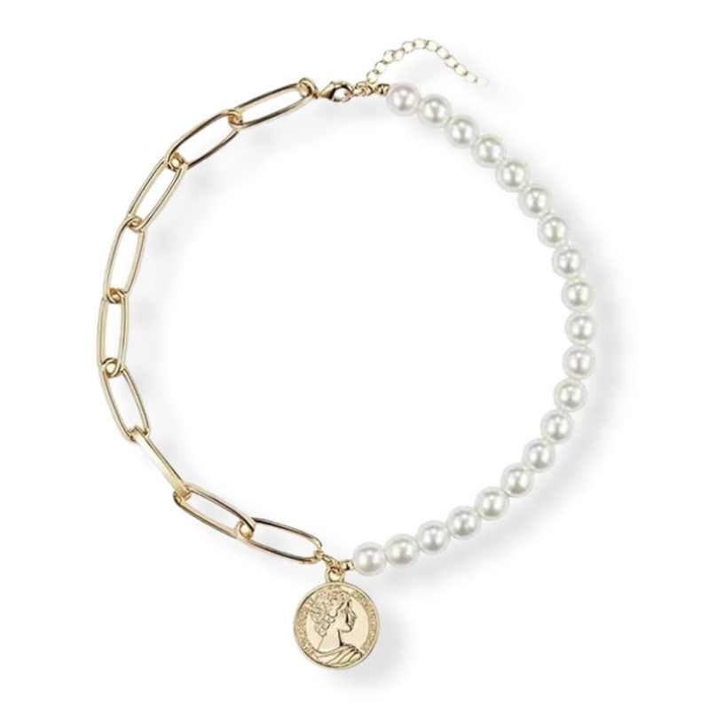 Rebecca Coin Pearl Chain Choker Necklace Kalung Korea Mutiara Rantai Kombinasi Charm Koin Elizabeth