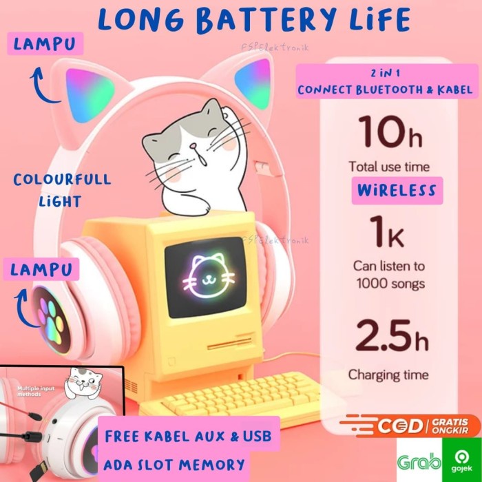 ✨COD✨ Headset Bluetooth Anak Karakter Telinga Kucing pink Lucu Cat Ear - Biru