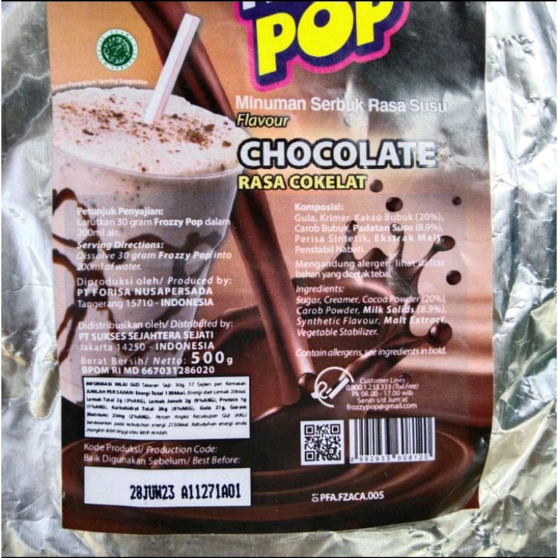 Bubuk Minuman Serbuk Instant 500gr Frozzy Pop / Powder Drink Frozzy Pop Cokelat Mangga Cappucino Avocado 500 gr