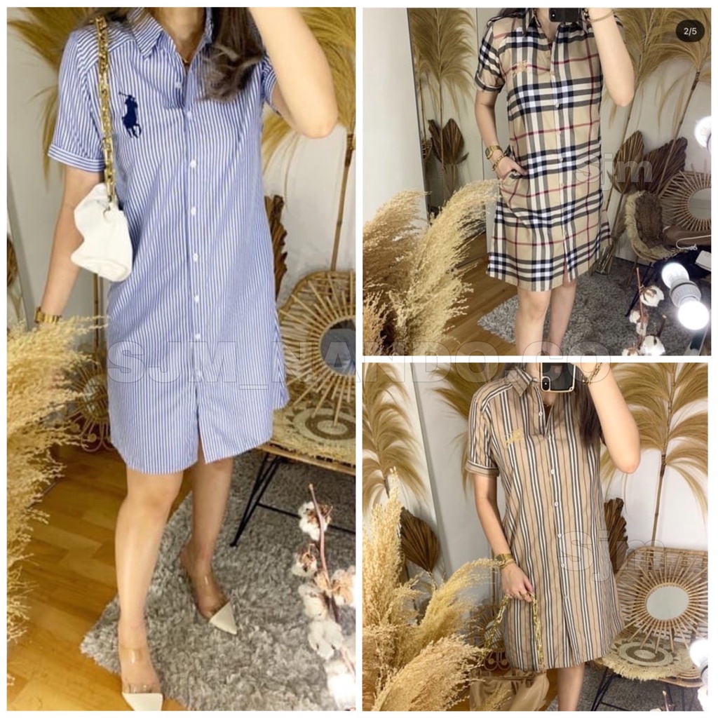 SJM DRESS LENGAN PENDEK WANITA BAHAN KATUN MOTIF KOTAK BURBERRYy DAN SALUR POLOO 948