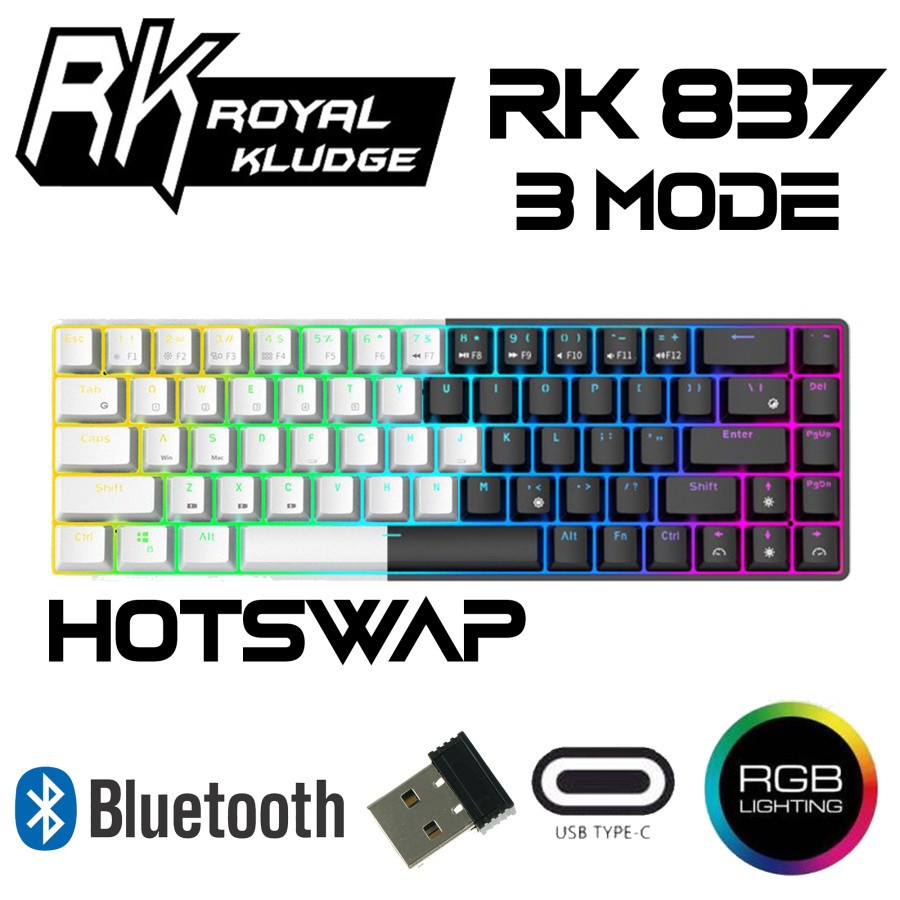 ROYAL KLUDGE G68 / RK68 / RK837 RGB MECHANICAL KEYBOARD 3 MODE HOTSWAP WIRELESS BLUETOOTH