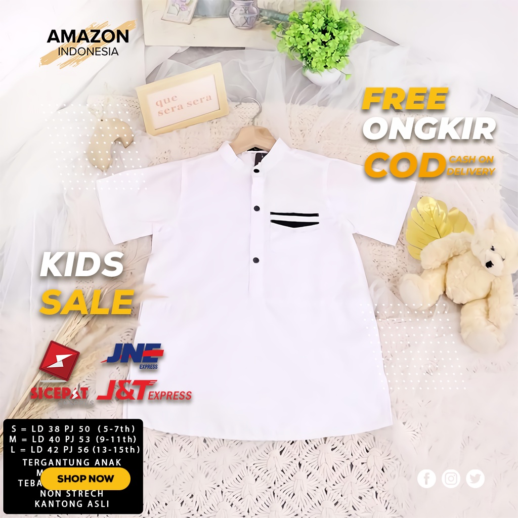 BAJU KOKO ANAK COWOK FASHION MUSLIM TRENDY LENGAN PENDEK WHITE PUTIH TOYOBO PREMIUM KAIN TEBAL HALUS