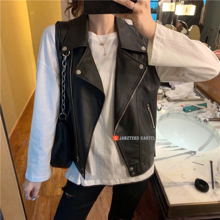 JNK x ROSE - Rompi Vest Slim Fit Wanita Biker Bahan Semi Kulit Sintetis Viena Faux Synthetic Leather Premium Original Cewek Perempuan Outfit Hijab Muslim Modern Baju Atasan Fashion Korean Style KPOP Women Female Kekinian Motor Racing Casual Zipper Tebal