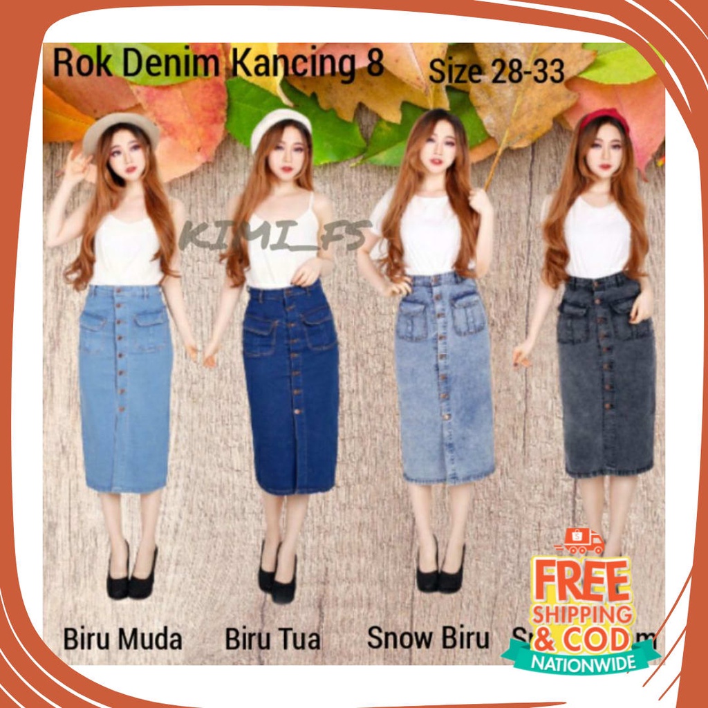 Plisket Jins Dnim MEkar biru merah hitam kuning hijau putih abu /  COD / Rok Jeans Panjang 7/9 Wanit