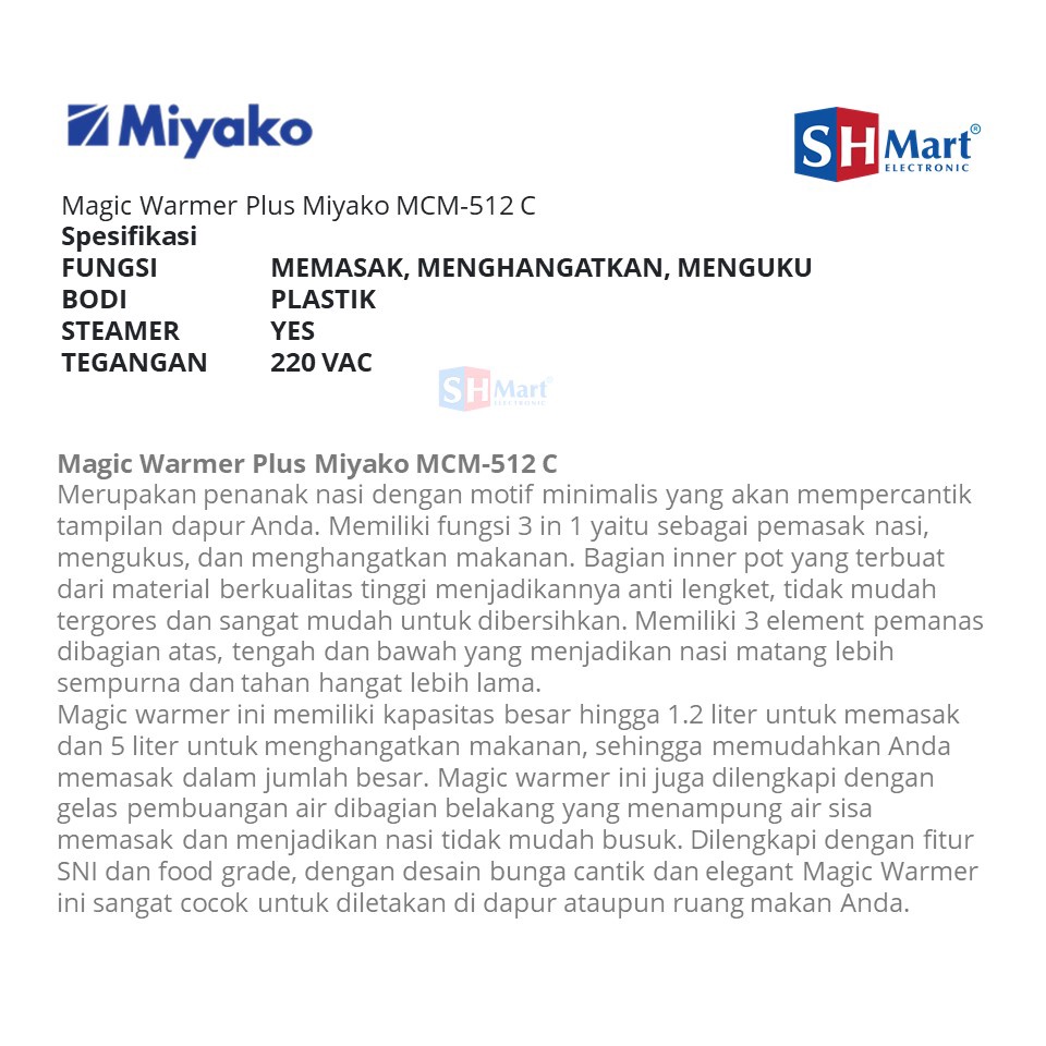 MIYAKO RICE COOKER 1.2 LITER MCM 512 C / MCM-512C - GARANSI 1 TAHUN (MEDAN)