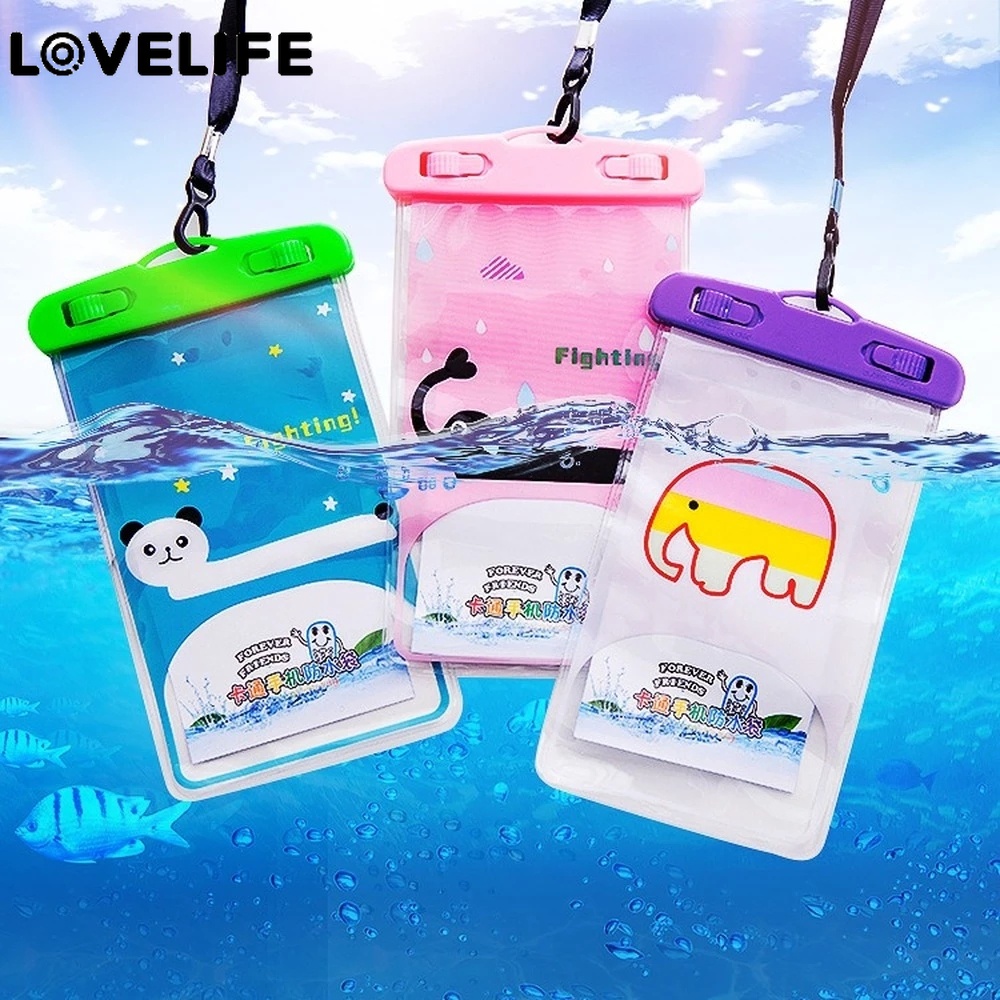 1pc Tas Pouch Handphone Universal Transparan Anti Air Motif Kartun Dengan Tali Lanyard Leher